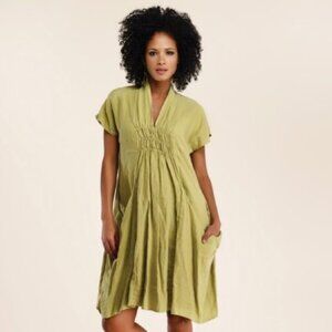 Luna Luz MED Chartreuse Green 100% Linen Smock Neck Shawl Dress EUC Langenlook